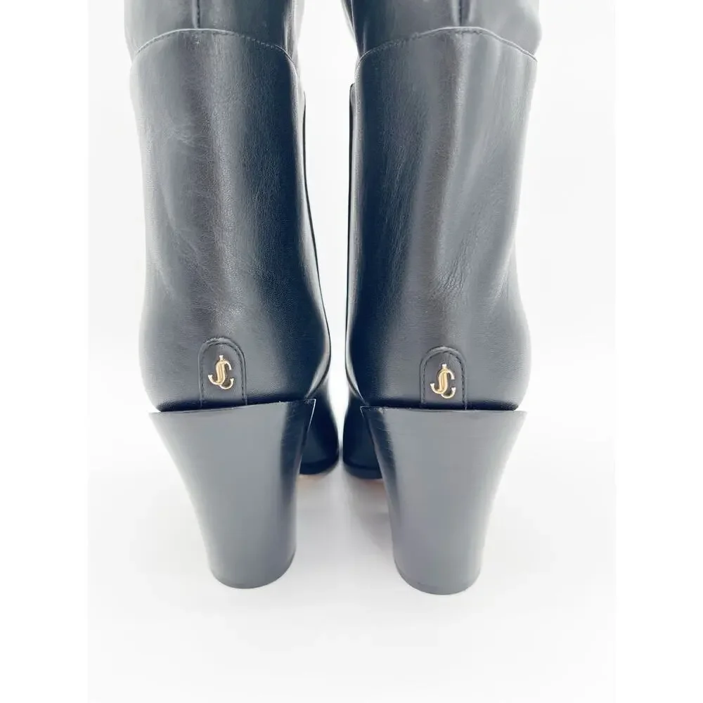 Jimmy Choo Cece 80 Black Pointed Toe Over the Knee Block Heel Boots IT 38.5